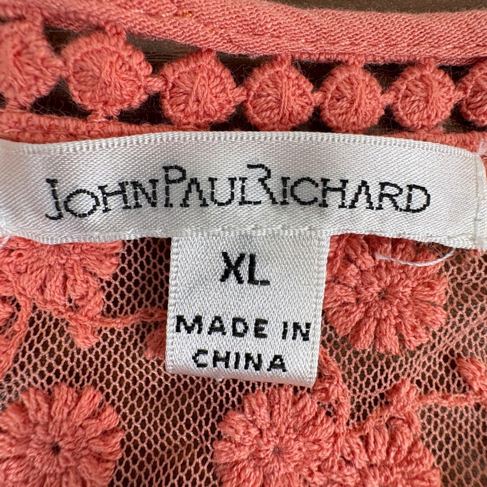 John Paul Richard Coral Lace V-Neck 3/4 Sleeve Textured Crochet Tunic Top XL - Picture 4 of 10